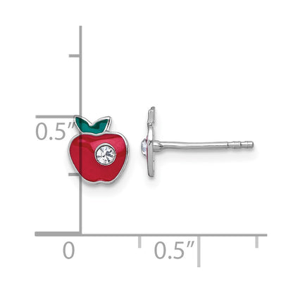 Sterling Silver Madi K Rhodium Plated Crystal Enamel Red Apple Children's Post Earrings