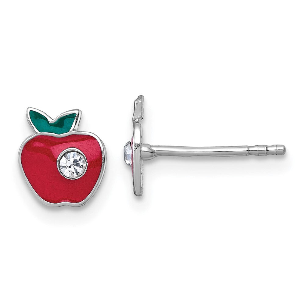 Sterling Silver Madi K Rhodium Plated Crystal Enamel Red Apple Children's Post Earrings