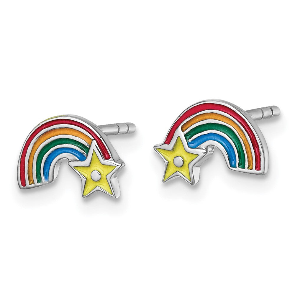Sterling Silver Rhodium Plated Children's Enamel Rainbow with Star Post Earrings