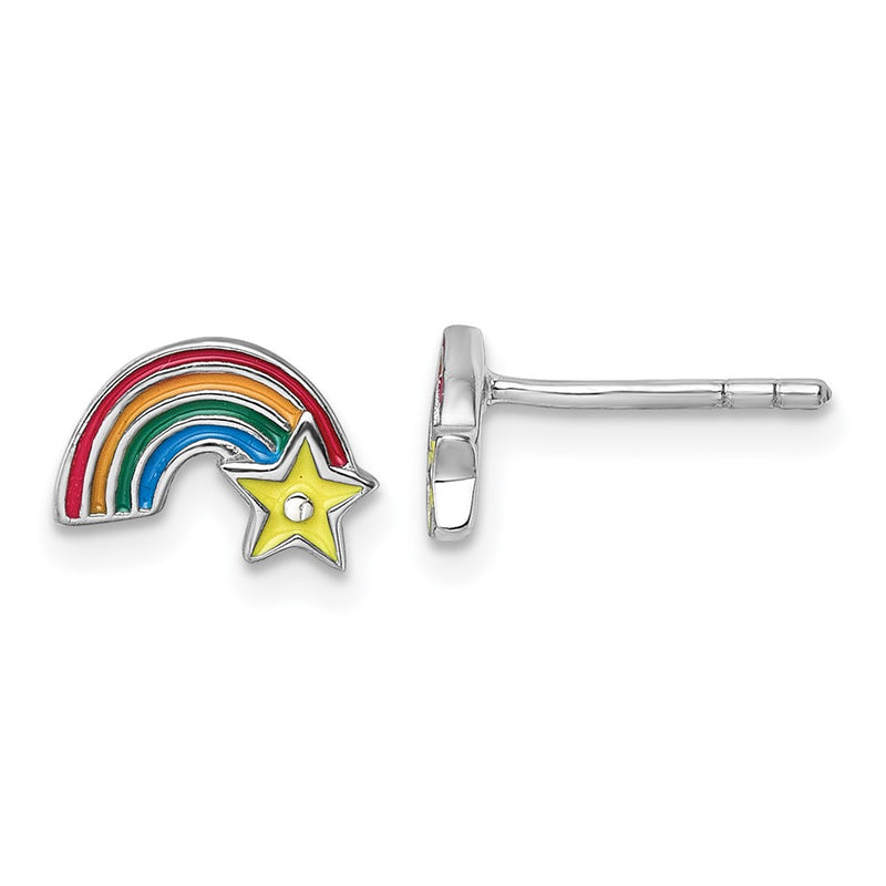Sterling Silver Rhodium Plated Children's Enamel Rainbow with Star Post Earrings