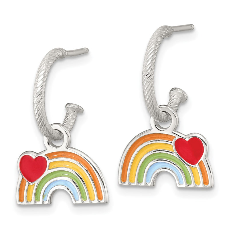 Sterling Silver Grooved Enamel Rainbow Children's Post Dangle Hoop Earrings
