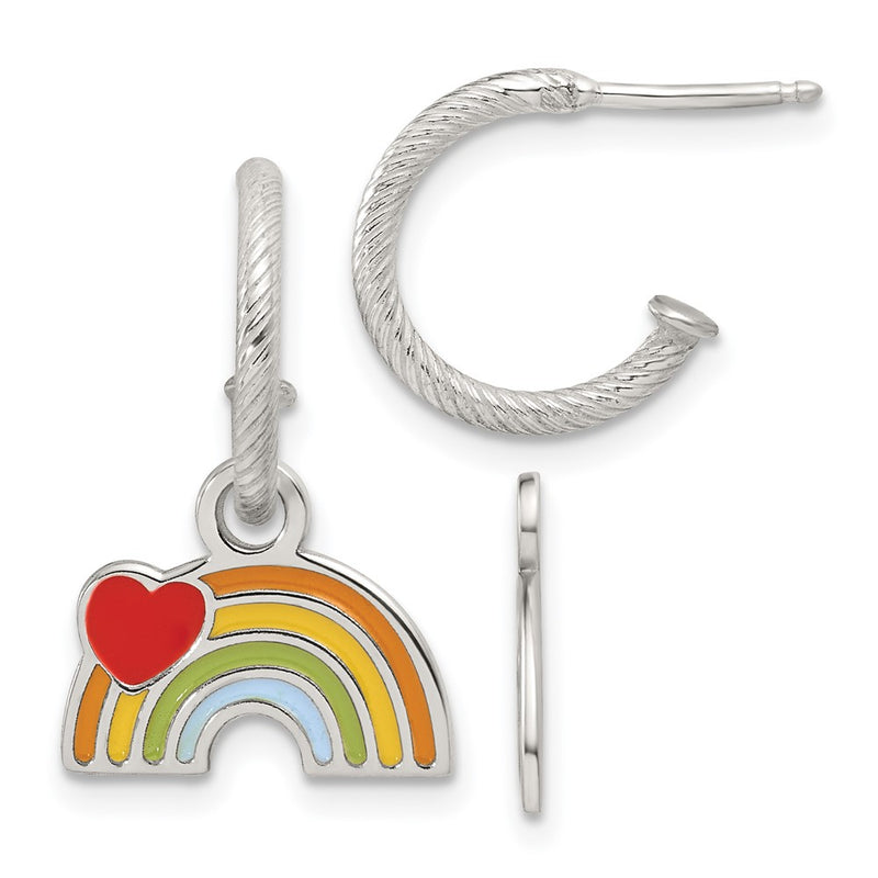Sterling Silver Grooved Enamel Rainbow Children's Post Dangle Hoop Earrings