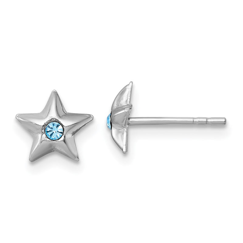 Sterling Silver Madi K Rhodium Plated Polished Blue Crystal Star Children's Post Earrings