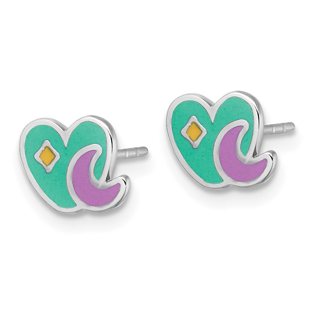 Sterling Silver Rhodium Plated Enamel Heart and Moon Children's Post Earrings
