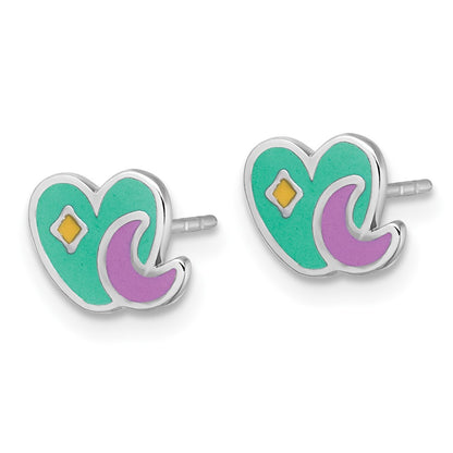 Sterling Silver Rhodium Plated Enamel Heart and Moon Children's Post Earrings