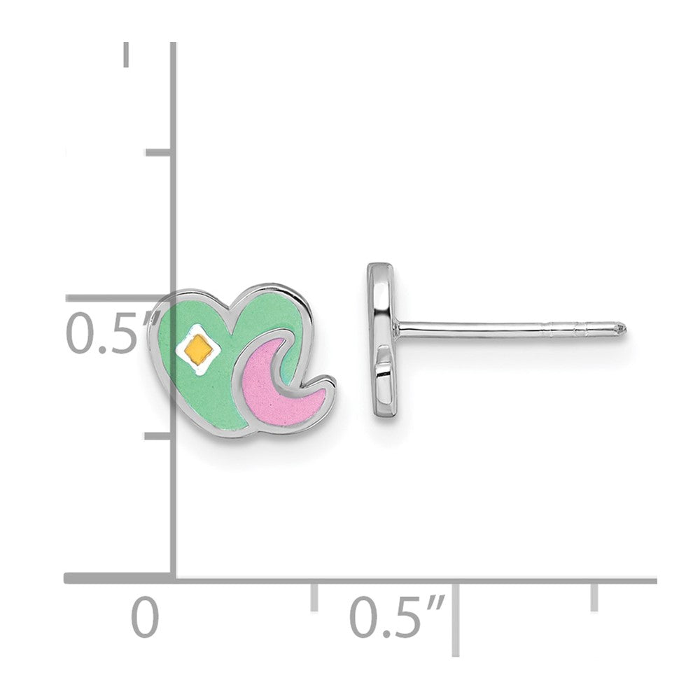 Sterling Silver Rhodium Plated Enamel Heart and Moon Children's Post Earrings