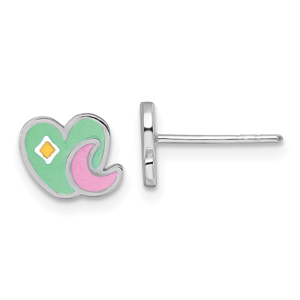 Sterling Silver Rhodium Plated Enamel Heart and Moon Children's Post Earrings
