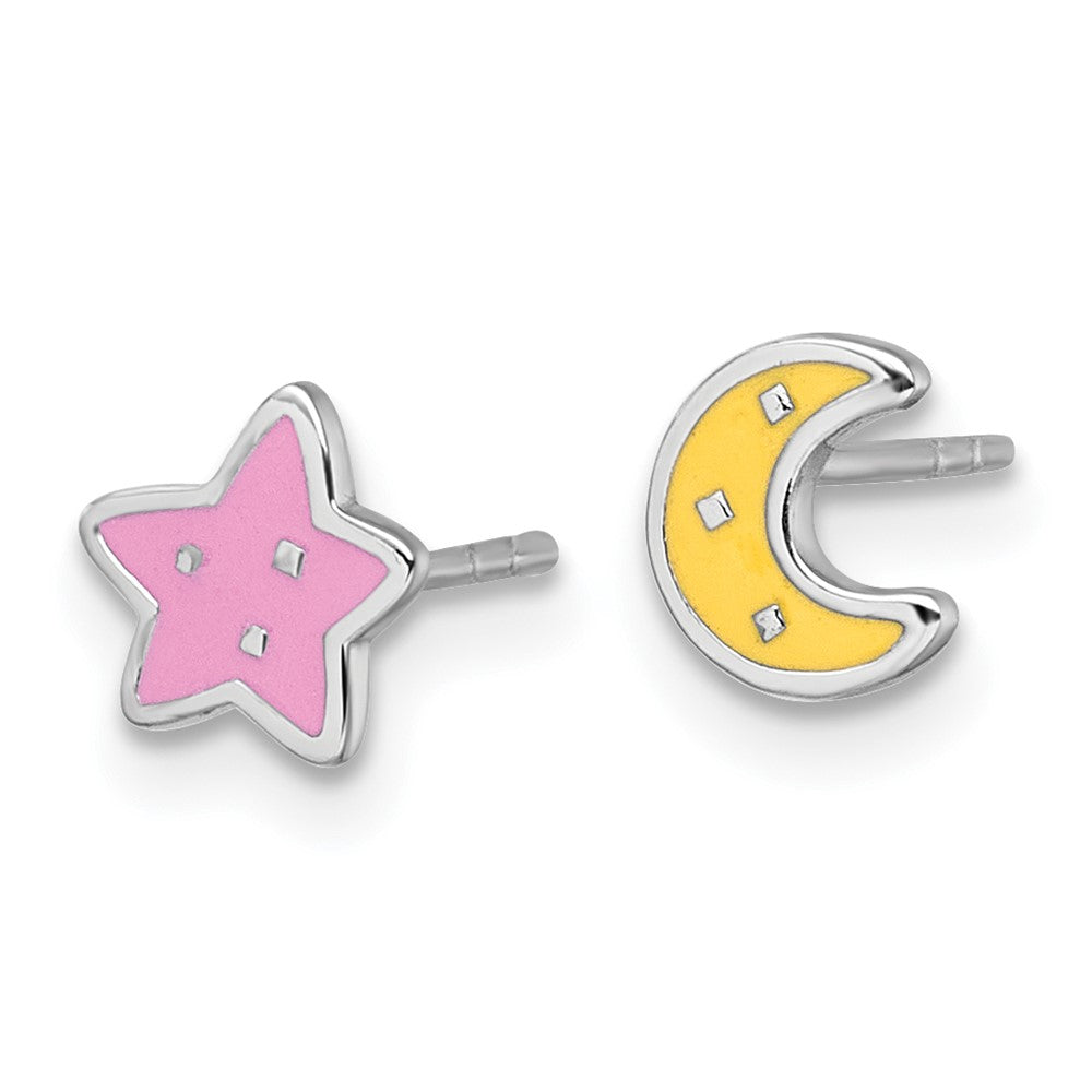 Sterling Silver Rh-Pl Enamel Moon Star Mismatched Children's Post Earrings