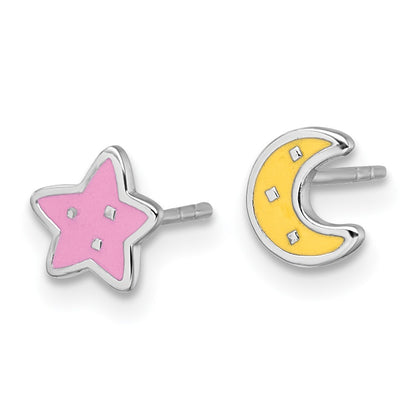 Sterling Silver Rh-Pl Enamel Moon Star Mismatched Children's Post Earrings