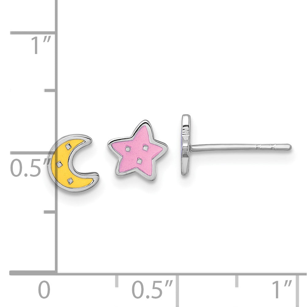 Sterling Silver Rh-Pl Enamel Moon Star Mismatched Children's Post Earrings
