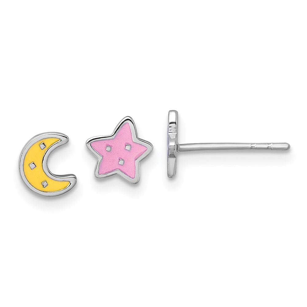 Sterling Silver Rh-Pl Enamel Moon Star Mismatched Children's Post Earrings