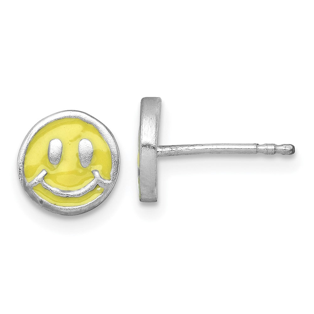 Sterling Silver Madi K Rhodium Plated Enamel Yellow Smiley Face Children's Post Earrings