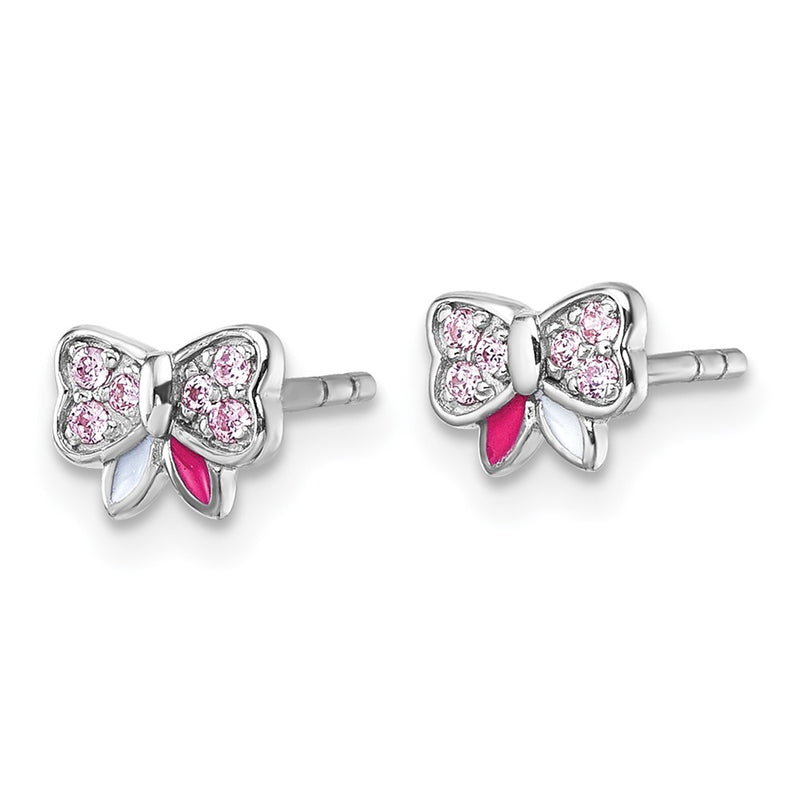 Sterling Silver Rhodium Plated Children's CZ and Enamel Bow Post Earrings