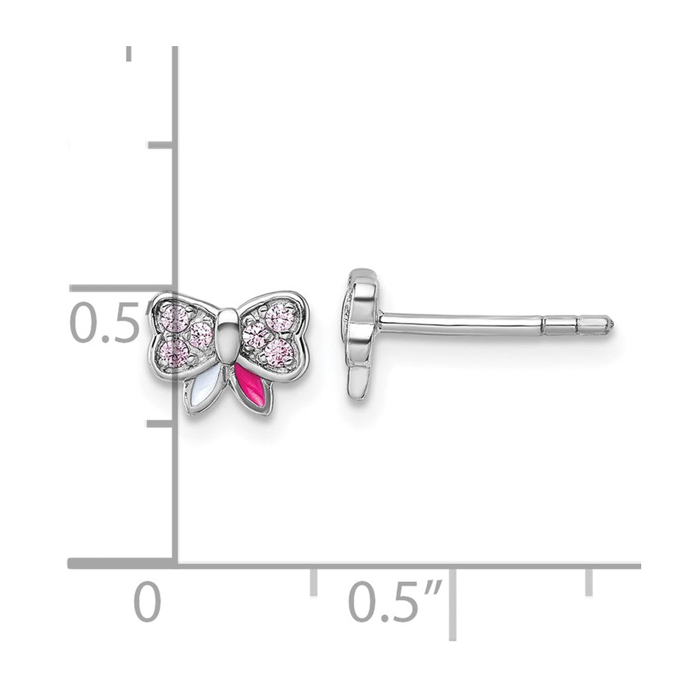 Sterling Silver Rhodium Plated Children's CZ and Enamel Bow Post Earrings