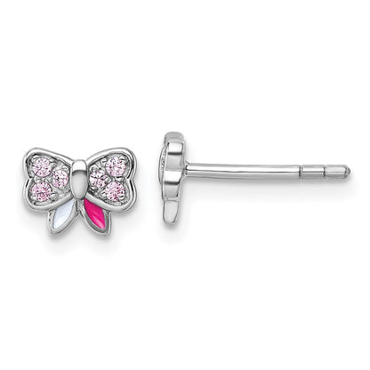 Sterling Silver Rhodium Plated Children's CZ and Enamel Bow Post Earrings