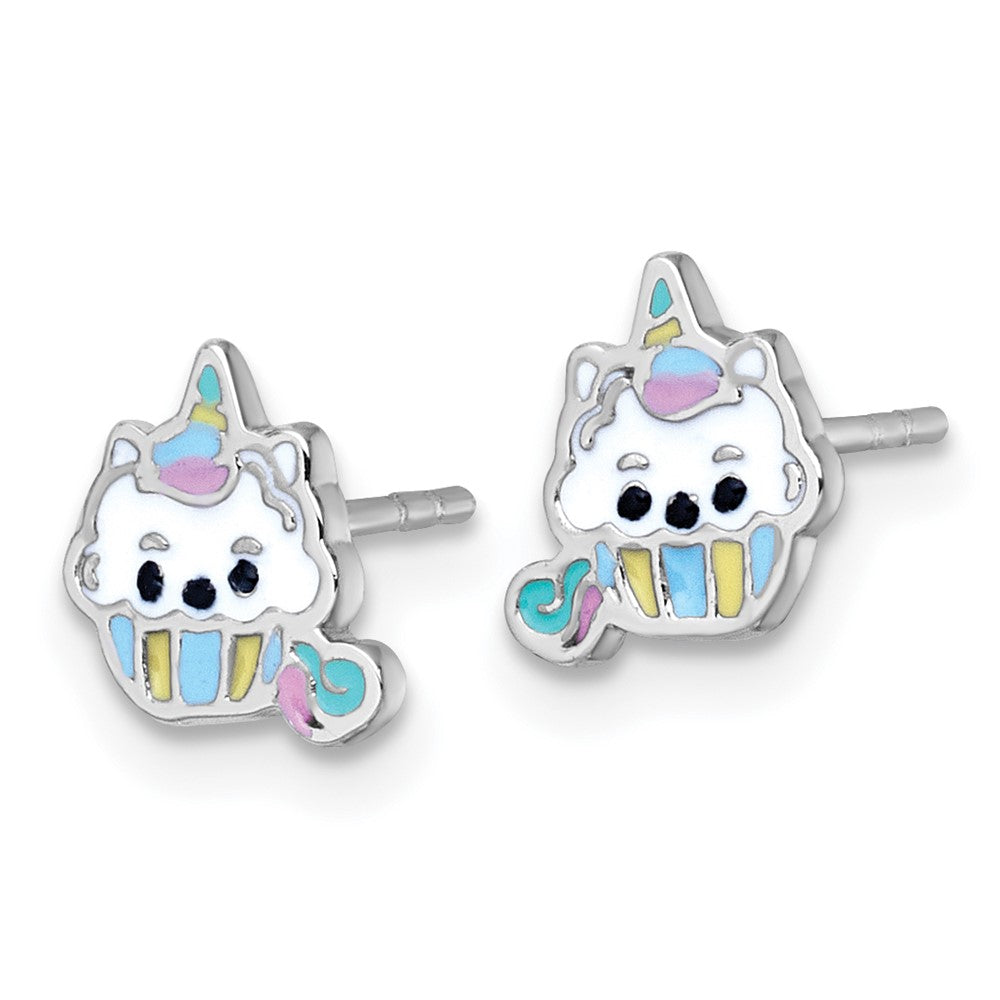 Sterling Silver Rhodium Plated Enamel Unicorn Cupcake Children's Post Earrings