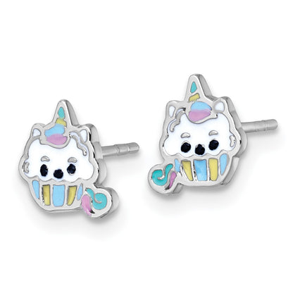 Sterling Silver Rhodium Plated Enamel Unicorn Cupcake Children's Post Earrings