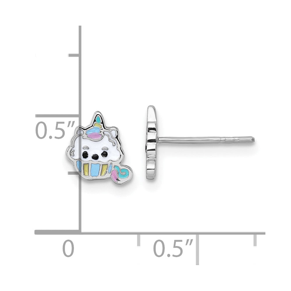 Sterling Silver Rhodium Plated Enamel Unicorn Cupcake Children's Post Earrings
