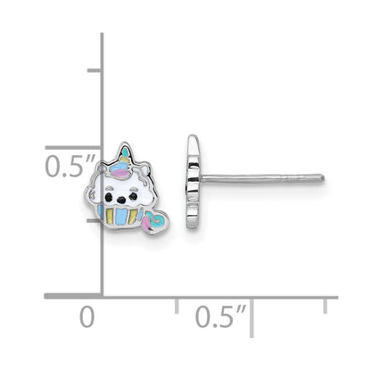 Sterling Silver Rhodium Plated Enamel Unicorn Cupcake Children's Post Earrings