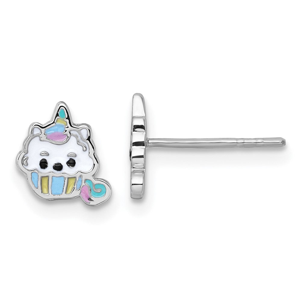 Sterling Silver Rhodium Plated Enamel Unicorn Cupcake Children's Post Earrings
