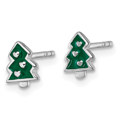 Sterling Silver Rhodium Plated Children's Enamel Christmas Tree Post Earrings