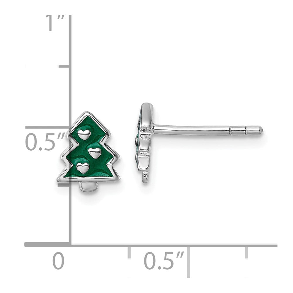 Sterling Silver Rhodium Plated Children's Enamel Christmas Tree Post Earrings