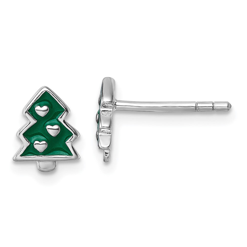 Sterling Silver Rhodium Plated Children's Enamel Christmas Tree Post Earrings