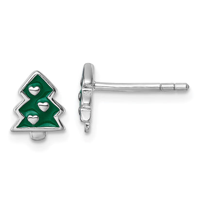 Sterling Silver Rhodium Plated Children's Enamel Christmas Tree Post Earrings