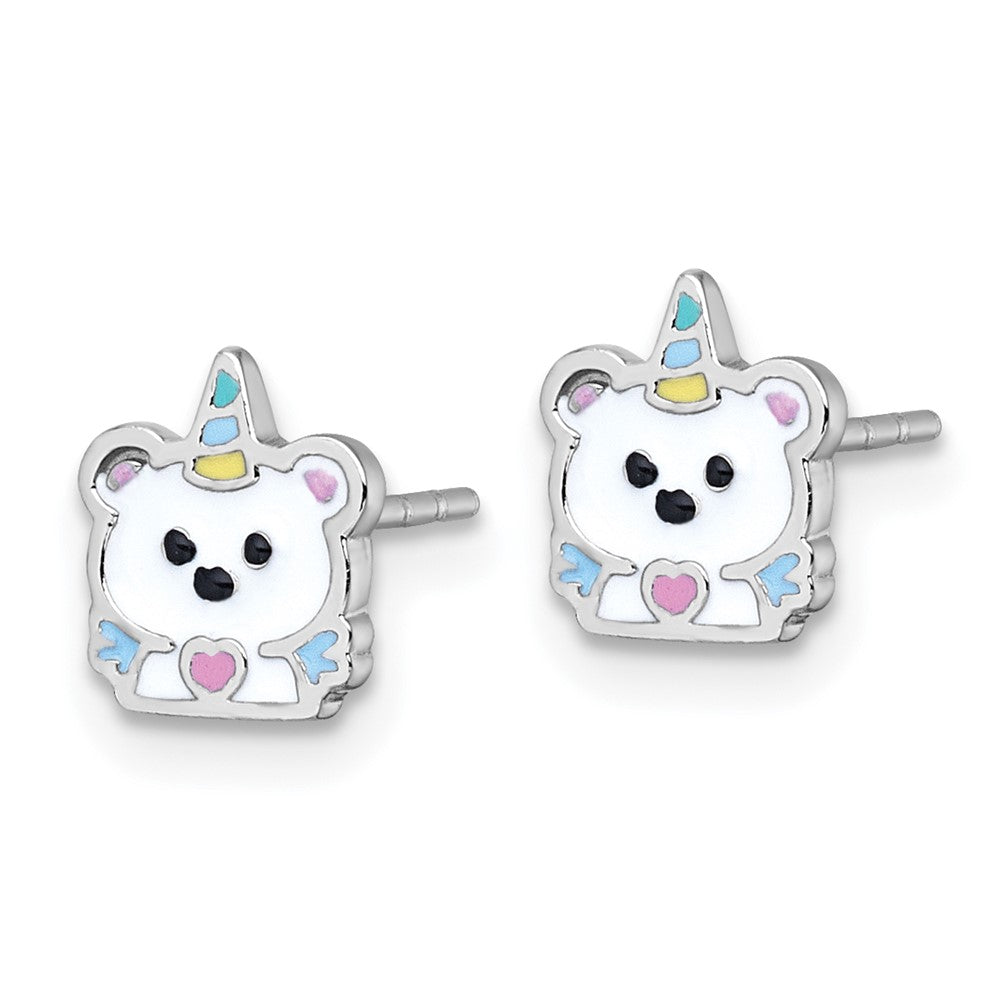 Sterling Silver Rhodium Plated Enamel Unicorn Polar Bear Children's Post Earring