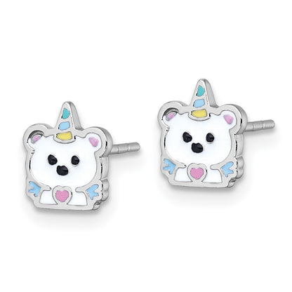 Sterling Silver Rhodium Plated Enamel Unicorn Polar Bear Children's Post Earring