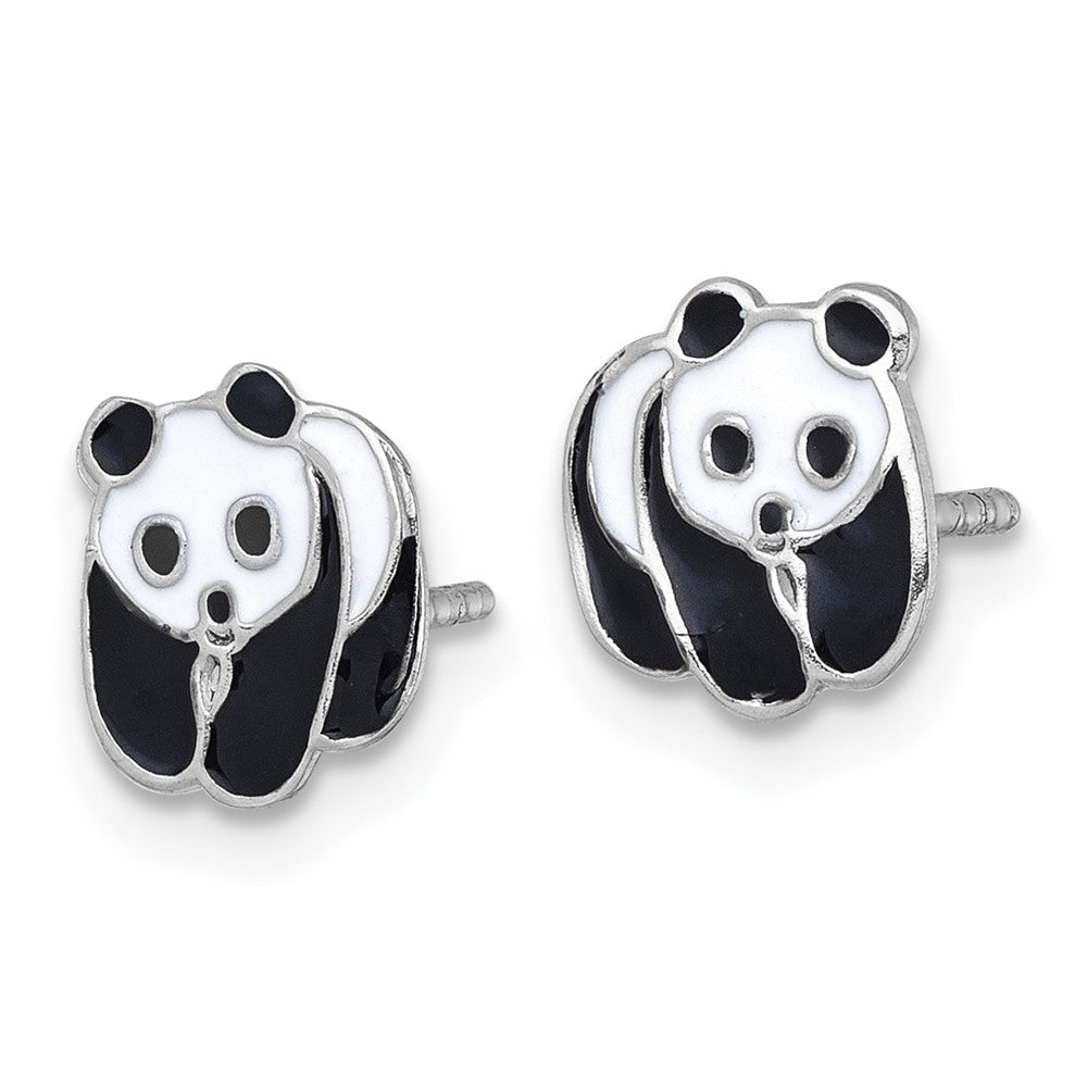 Sterling Silver Madi K Rhodium Plated Enamel Black and White Panda Children's Post Earrings