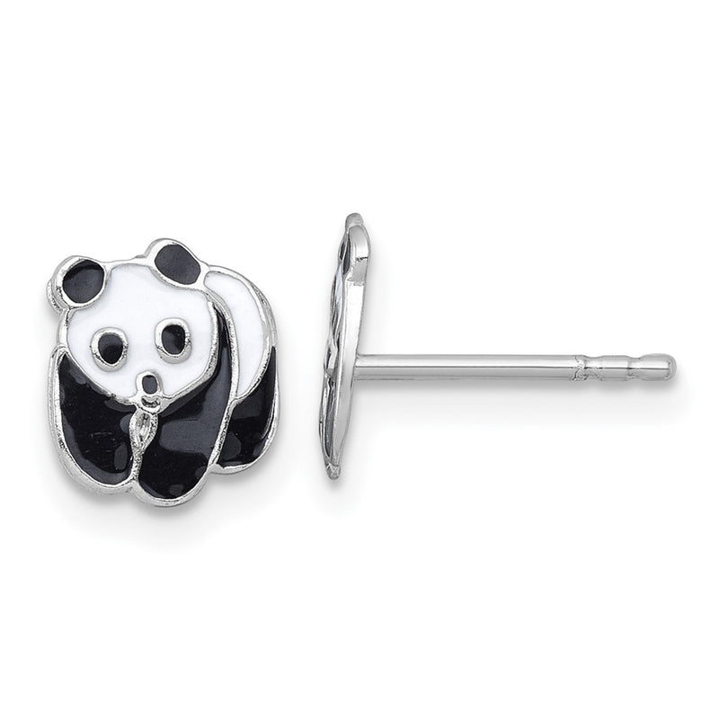 Sterling Silver Madi K Rhodium Plated Enamel Black and White Panda Children's Post Earrings