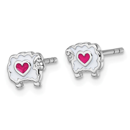 Sterling Silver Rhodium Plated Children's Enamel Sheep with Heart Post Earrings
