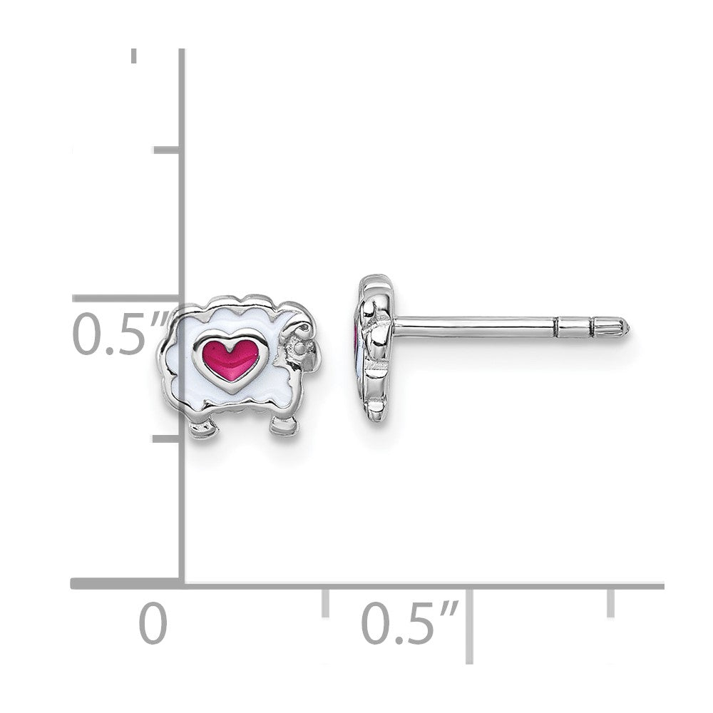 Sterling Silver Rhodium Plated Children's Enamel Sheep with Heart Post Earrings