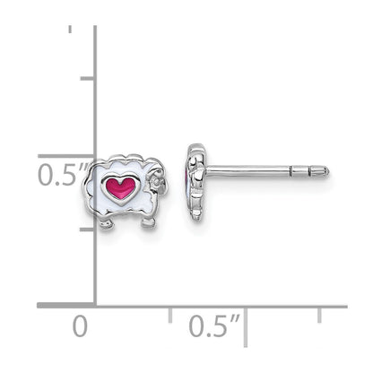 Sterling Silver Rhodium Plated Children's Enamel Sheep with Heart Post Earrings