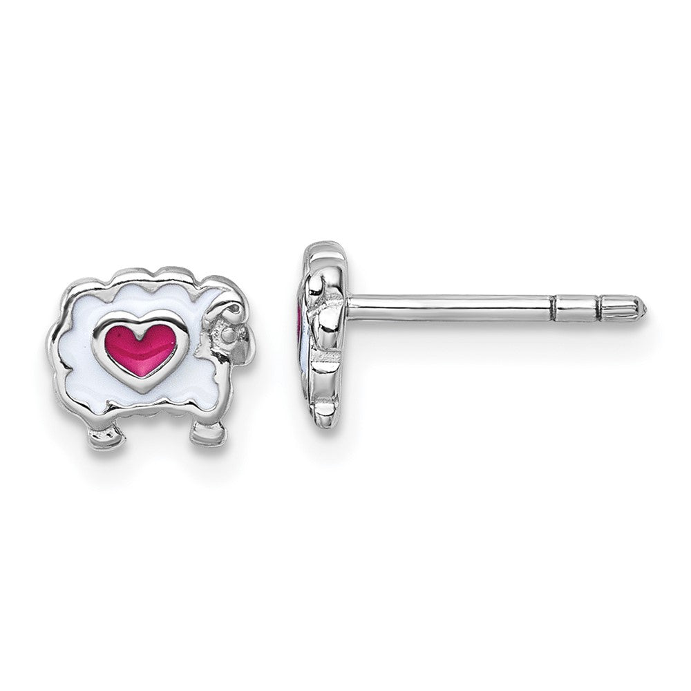 Sterling Silver Rhodium Plated Children's Enamel Sheep with Heart Post Earrings