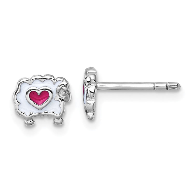 Sterling Silver Rhodium Plated Children's Enamel Sheep with Heart Post Earrings