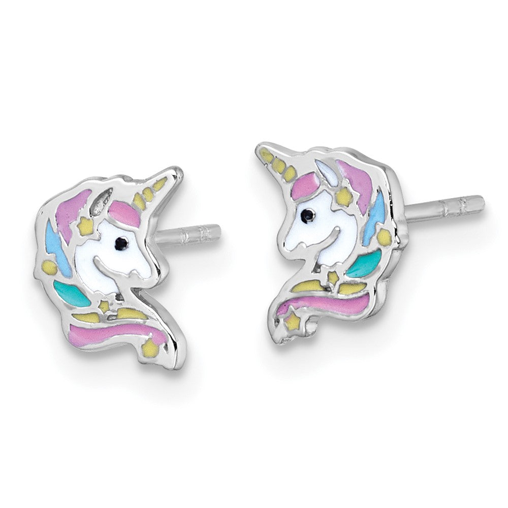 Sterling Silver Rhodium-Plated Enamel Unicorn Head Children's Post Earrings