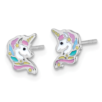 Sterling Silver Rhodium-Plated Enamel Unicorn Head Children's Post Earrings