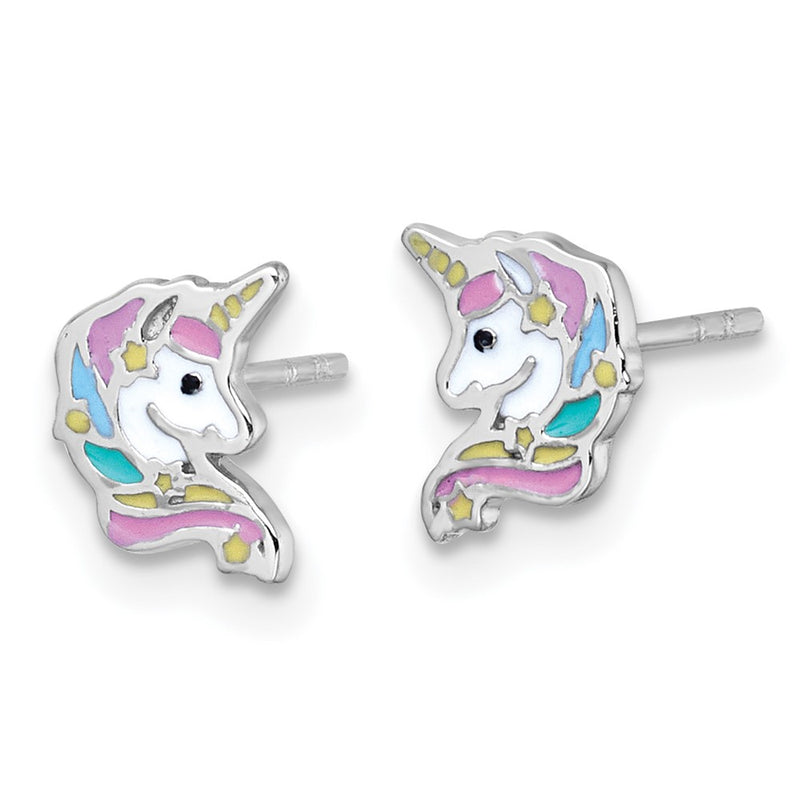 Sterling Silver Rhodium-Plated Enamel Unicorn Head Children's Post Earrings