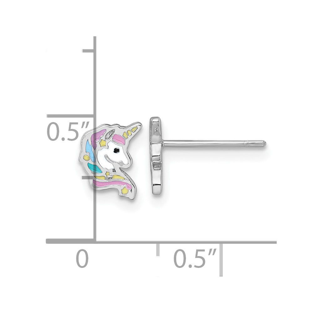 Sterling Silver Rhodium-Plated Enamel Unicorn Head Children's Post Earrings