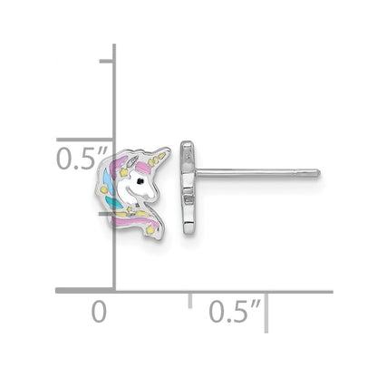 Sterling Silver Rhodium-Plated Enamel Unicorn Head Children's Post Earrings