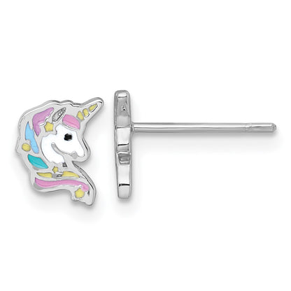Sterling Silver Rhodium-Plated Enamel Unicorn Head Children's Post Earrings