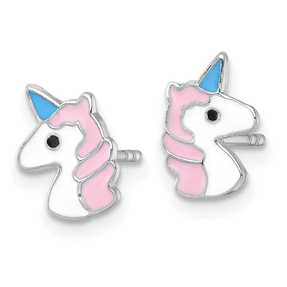 Sterling Silver Madi K Rhodium Plated Enamel Unicorn Children's Post Earrings