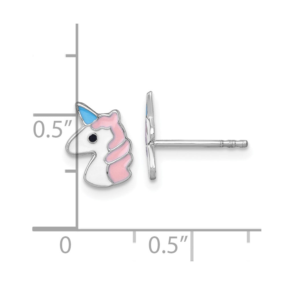 Sterling Silver Madi K Rhodium Plated Enamel Unicorn Children's Post Earrings