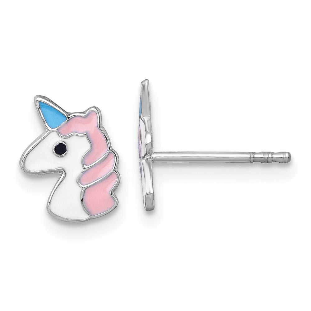 Sterling Silver Madi K Rhodium Plated Enamel Unicorn Children's Post Earrings