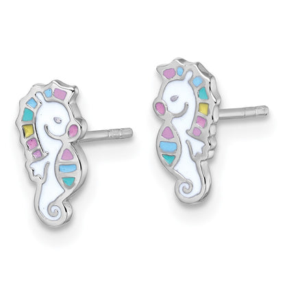 Sterling Silver Rhodium-Plated Enamel Seahorse Children's Post Earrings