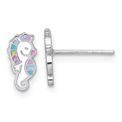 Sterling Silver Rhodium-Plated Enamel Seahorse Children's Post Earrings