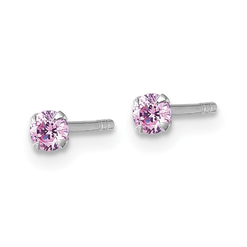 Sterling Silver Madi K Rhodium Plated Pink 3mm CZ Children's Stud Post Earrings