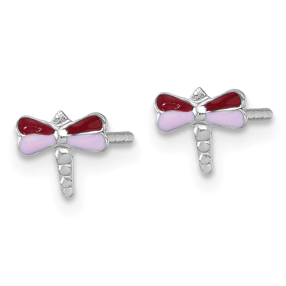Sterling Silver Madi K Rhodium Plated Enamel Red and Pink Dragonfly Children's Post Earrings